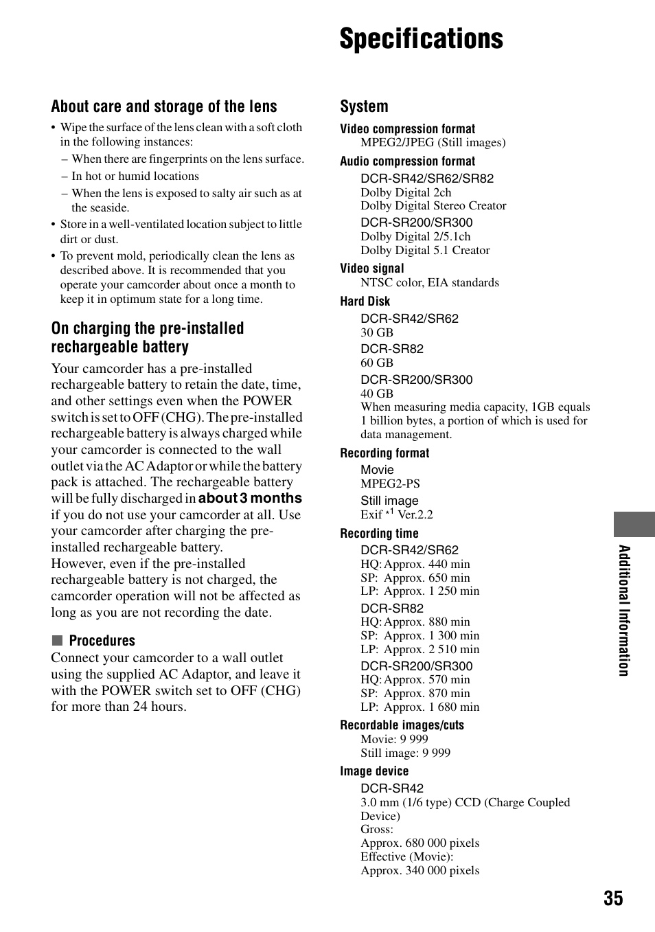 Specifications, About care and storage of the lens, On charging the pre-installed rechargeable battery | System | Sony DCR-SR62 User Manual | Page 35 / 40