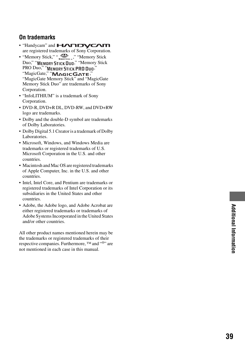 On trademarks | Sony DCR-SR62 User Manual | Page 39 / 40