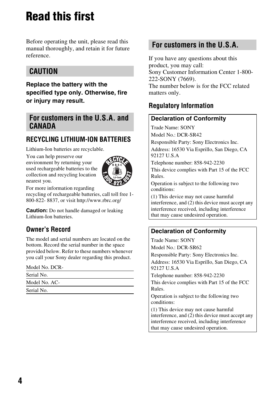 Read this first, Caution for customers in the u.s.a. and canada, For customers in the u.s.a | Sony DCR-SR62 User Manual | Page 4 / 40