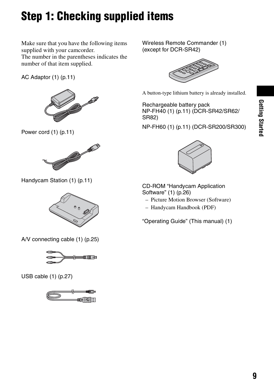 Getting started, Step 1: checking supplied items | Sony DCR-SR62 User Manual | Page 9 / 40