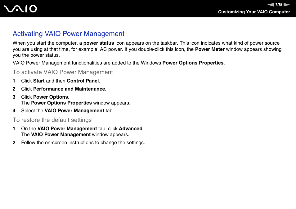 Activating vaio power management | Sony VGN-FS775P User Manual | Page 108 / 179