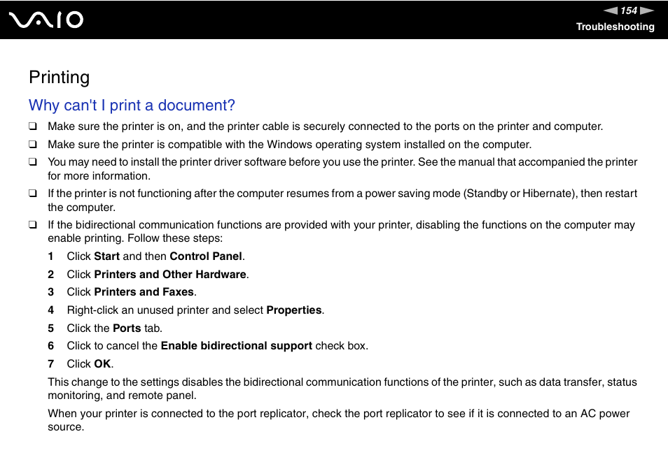 Printing, Inting, Why can't i print a document | Sony VGN-FS775P User Manual | Page 154 / 179