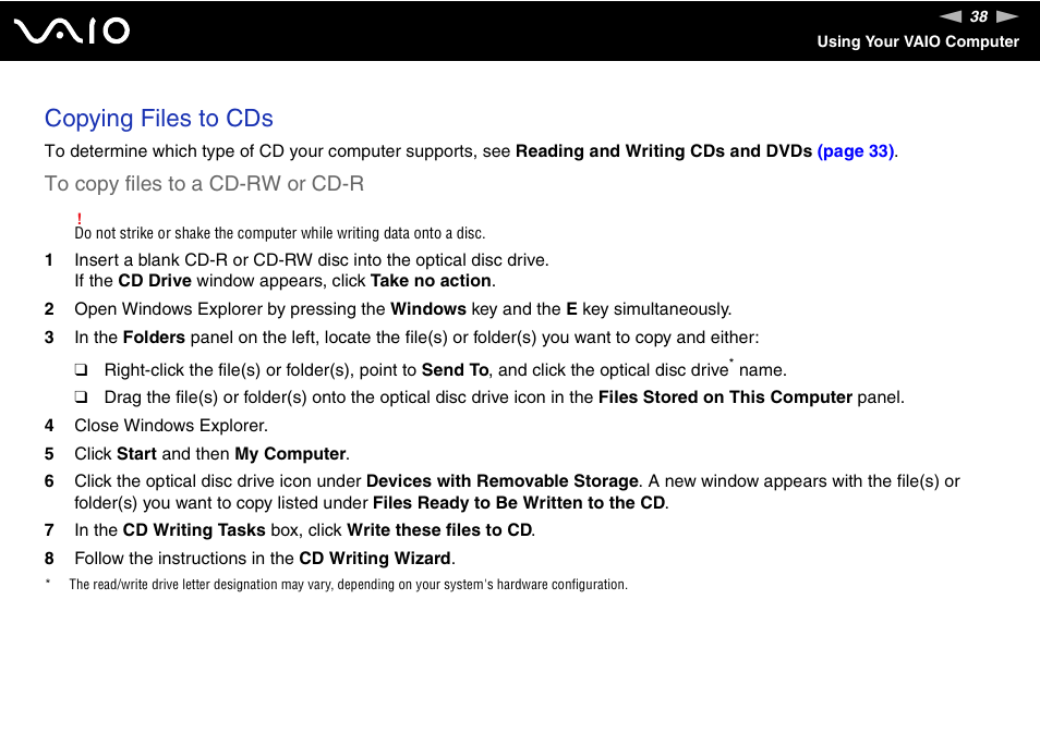 Copying files to cds | Sony VGN-FS775P User Manual | Page 38 / 179