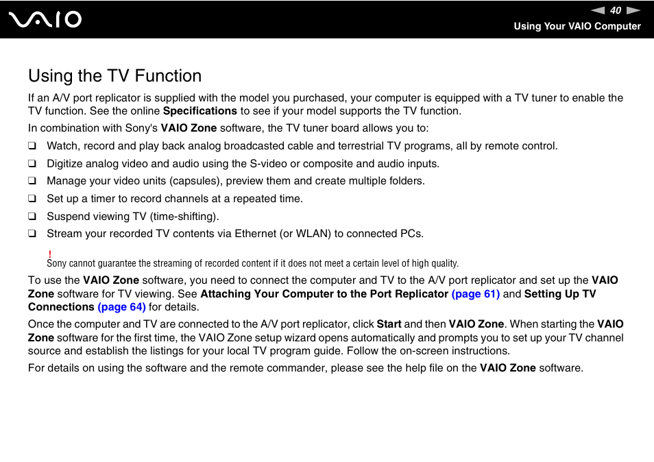 Using the tv function, Tion | Sony VGN-FS775P User Manual | Page 40 / 179