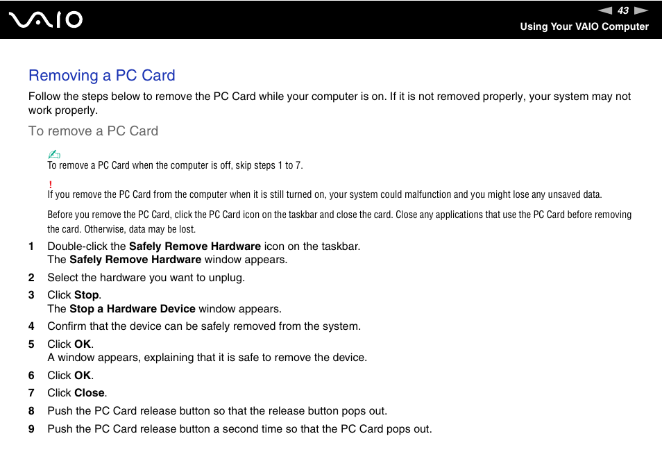 Removing a pc card | Sony VGN-FS775P User Manual | Page 43 / 179