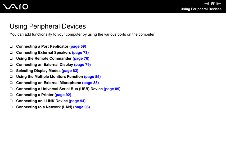 Using peripheral devices | Sony VGN-FS775P User Manual | Page 58 / 179