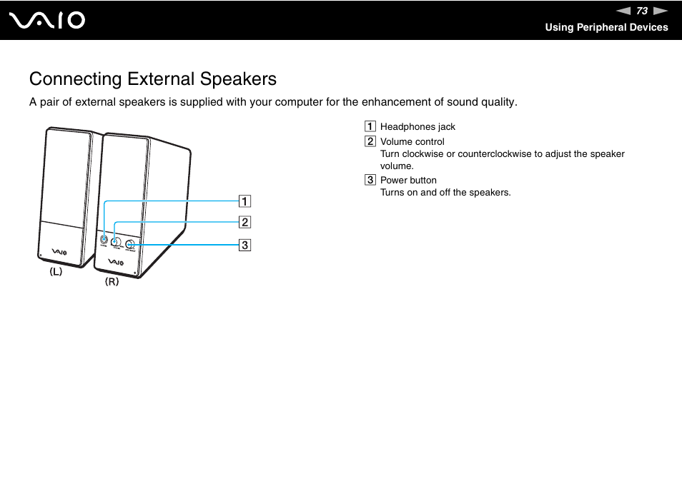 Connecting external speakers | Sony VGN-FS775P User Manual | Page 73 / 179