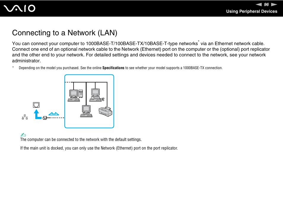 Connecting to a network (lan) | Sony VGN-FS775P User Manual | Page 96 / 179