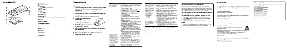 Parts and controls, Troubleshooting, Precautions | Sony NWZ-E464 User Manual | Page 2 / 2