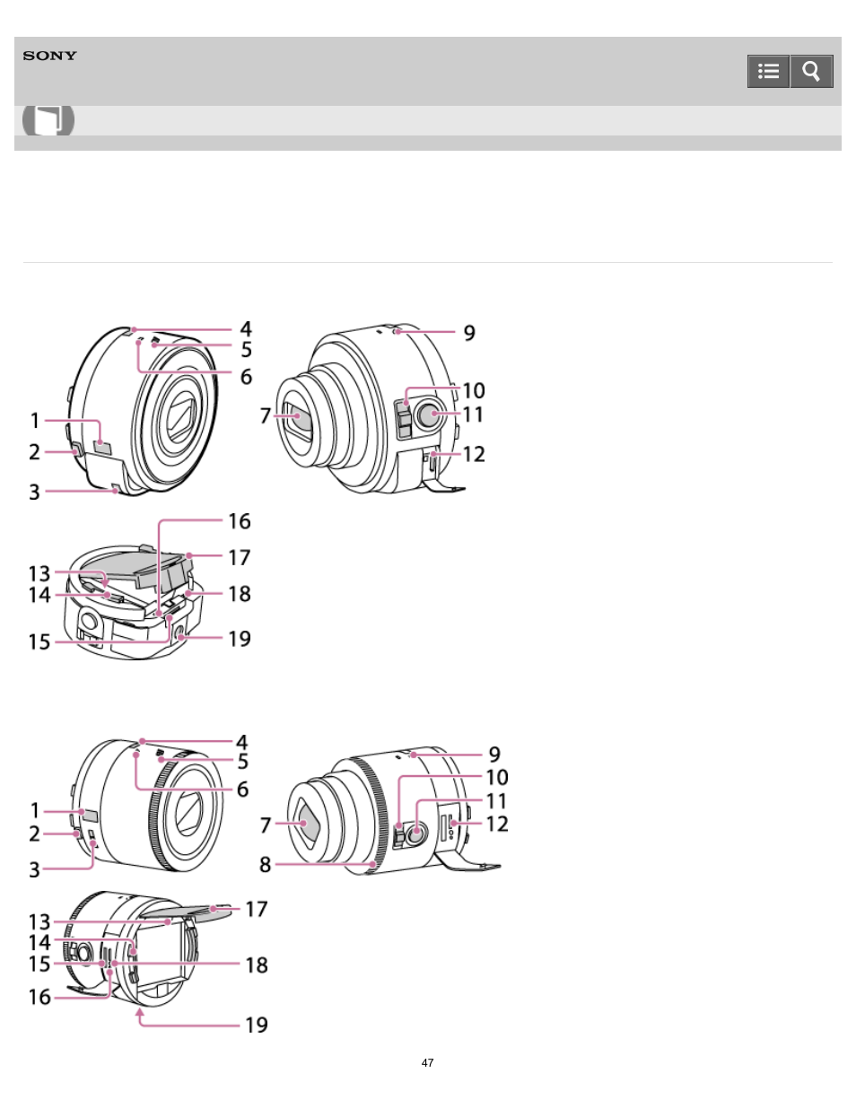 Names of parts, Help guide | Sony DSC-QX100 User Manual | Page 47 / 130