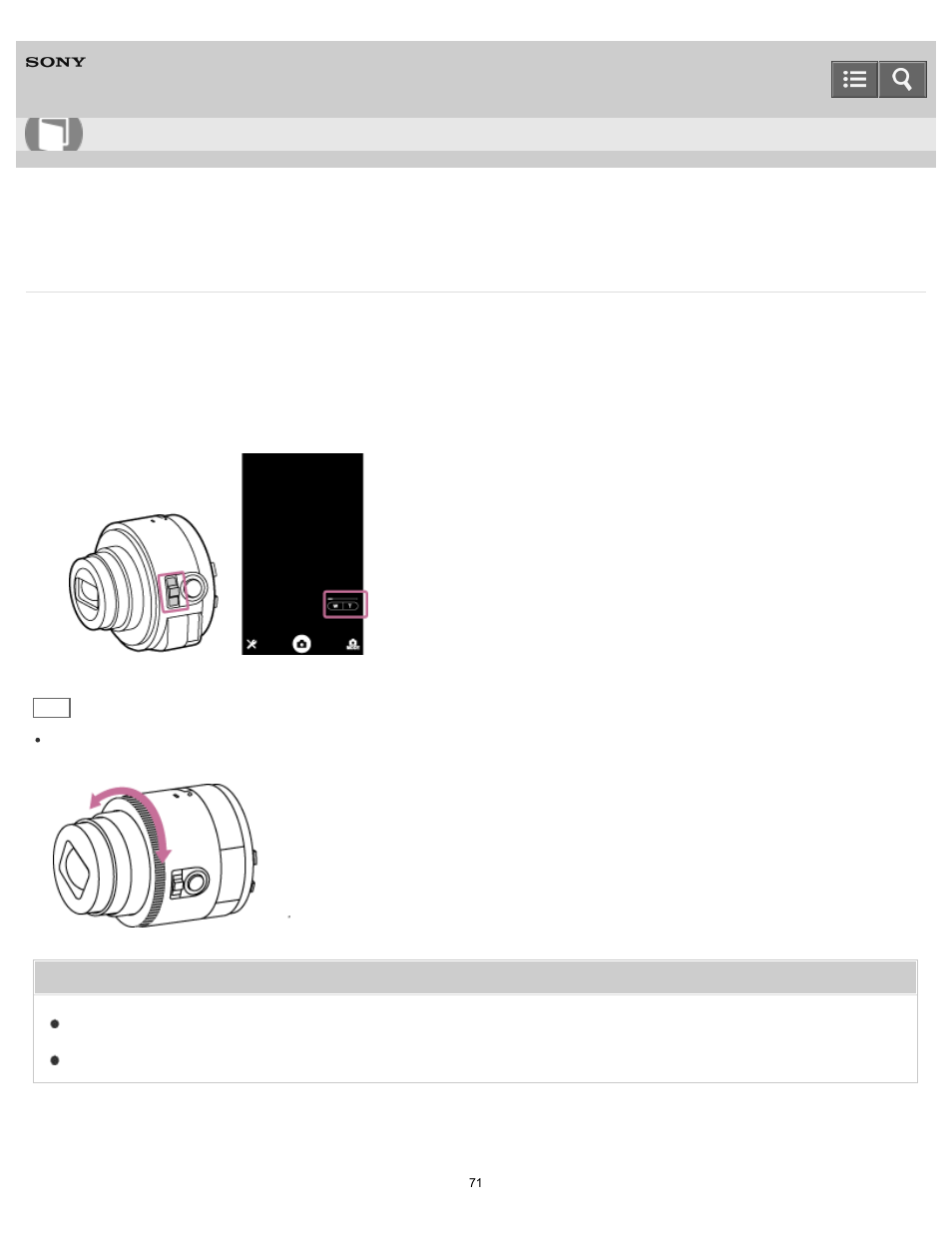 Zooming, Shoots enlarged images with zoom, Help guide | Sony DSC-QX100 User Manual | Page 71 / 130