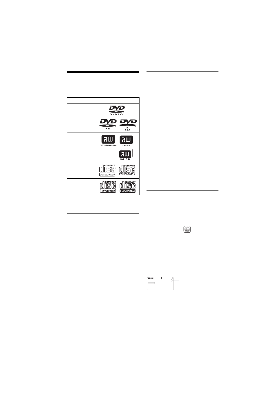 L1 - this player can play the following discs, This player can play the following discs, Example of discs that the player cannot play | Region code | Sony DVP-NS41P User Manual | Page 8 / 72