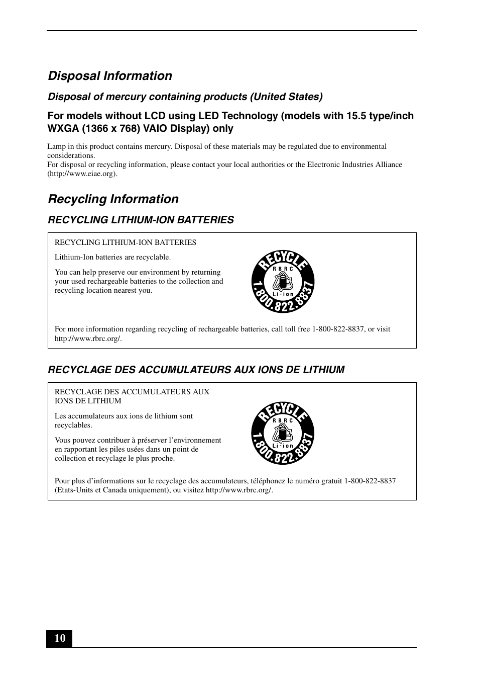 Disposal information, Recycling information | Sony VPCEB16FX User Manual | Page 10 / 24