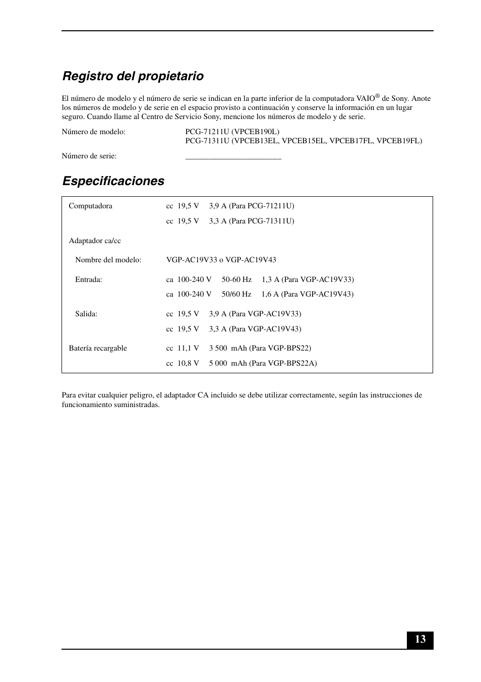 Registro del propietario, Especificaciones | Sony VPCEB16FX User Manual | Page 13 / 24