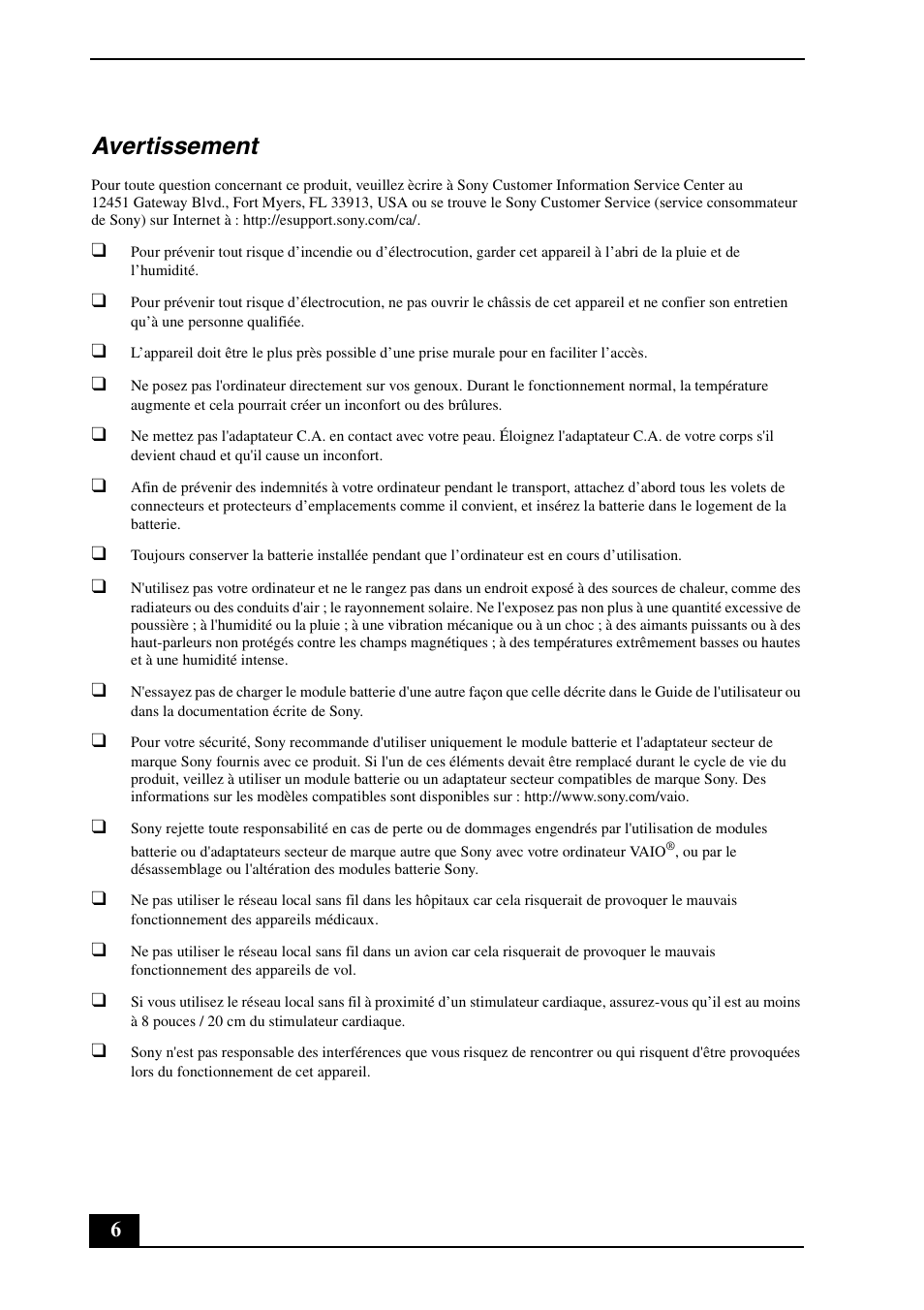 Avertissement | Sony VPCEB16FX User Manual | Page 6 / 24