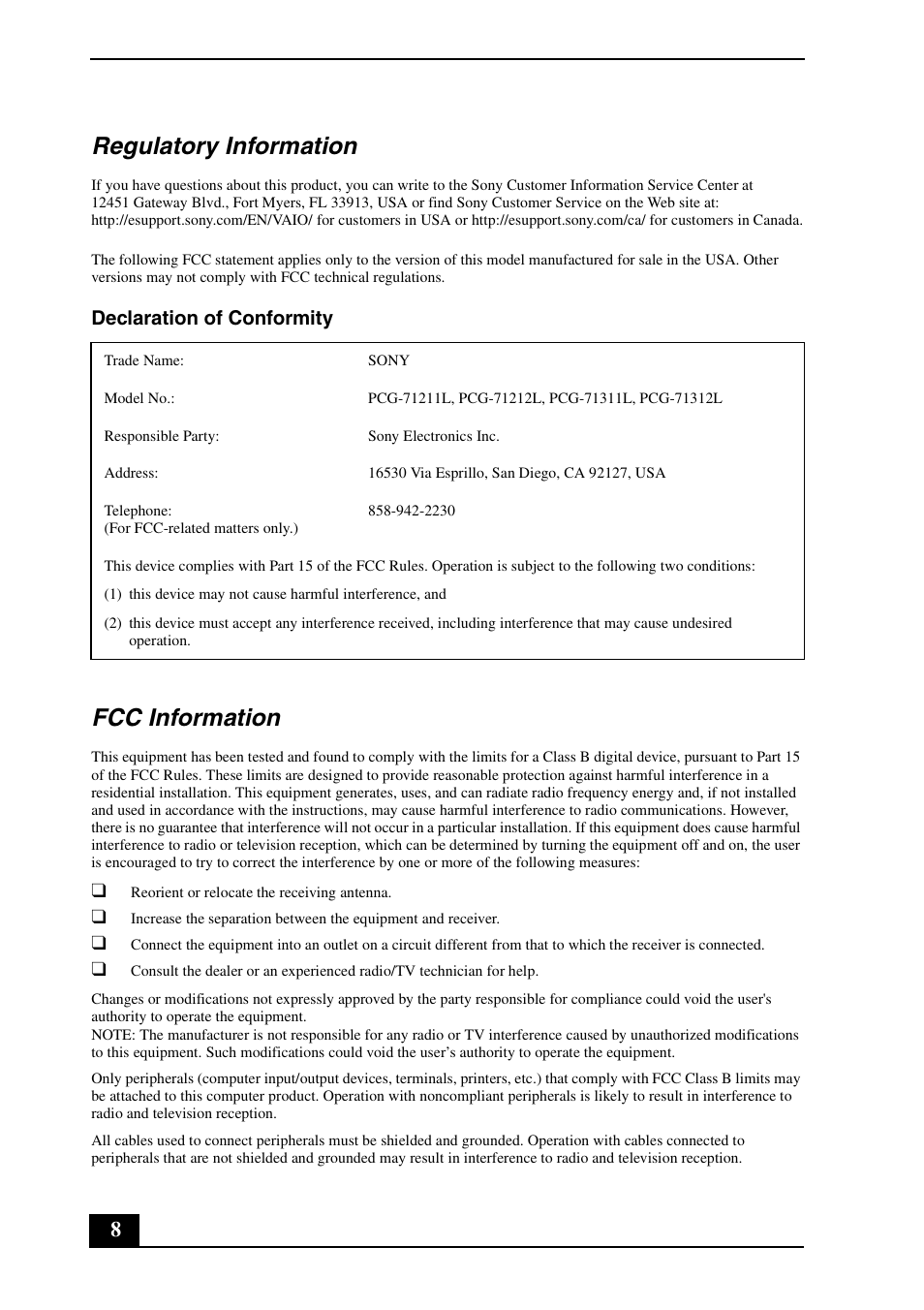 Regulatory information, Fcc information, Declaration of conformity | Sony VPCEB16FX User Manual | Page 8 / 24