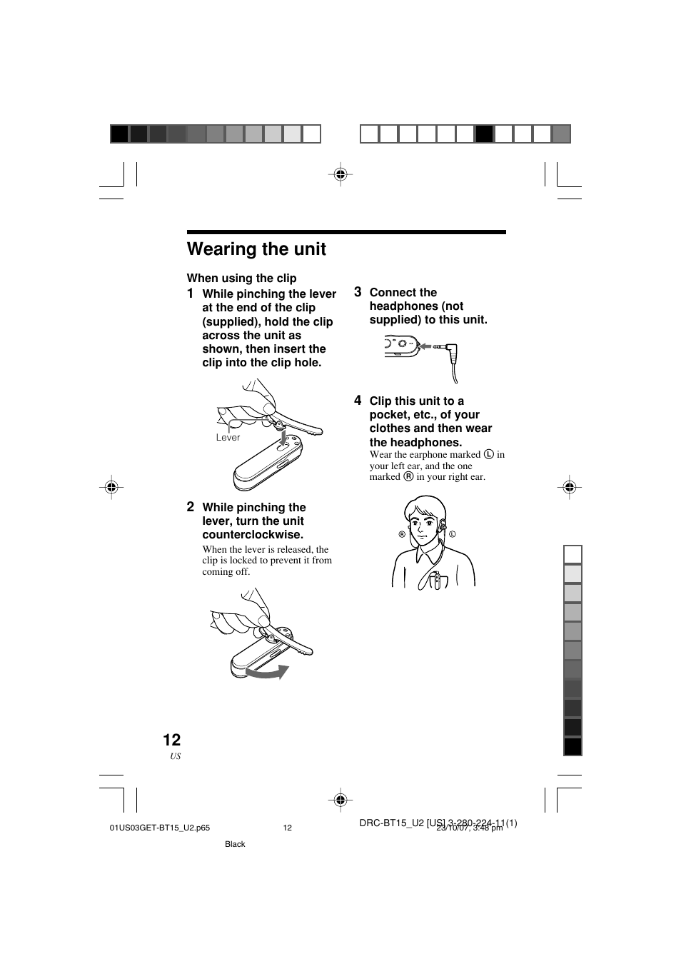 Wearing the unit | Sony DRC-BT15 User Manual | Page 12 / 56
