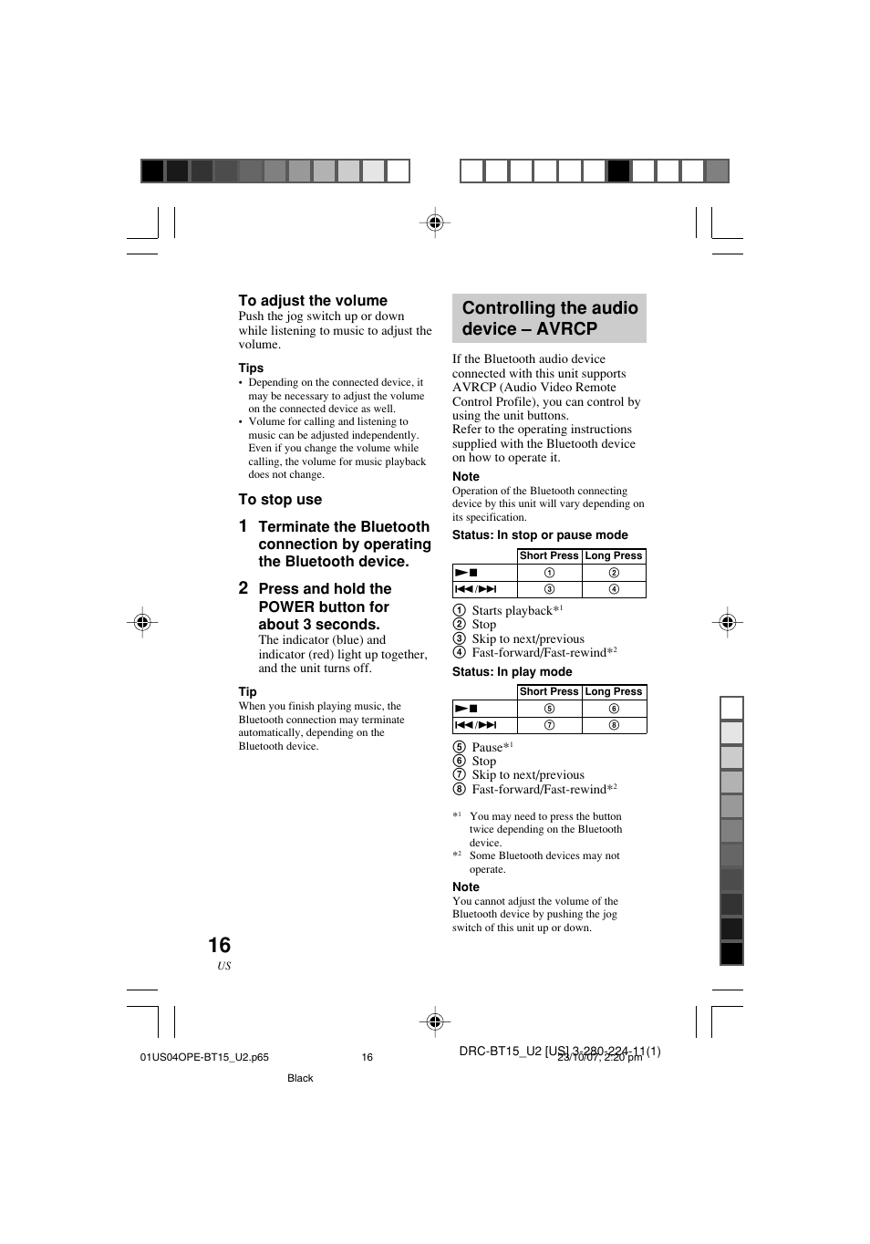 Controlling the audio device – avrcp | Sony DRC-BT15 User Manual | Page 16 / 56