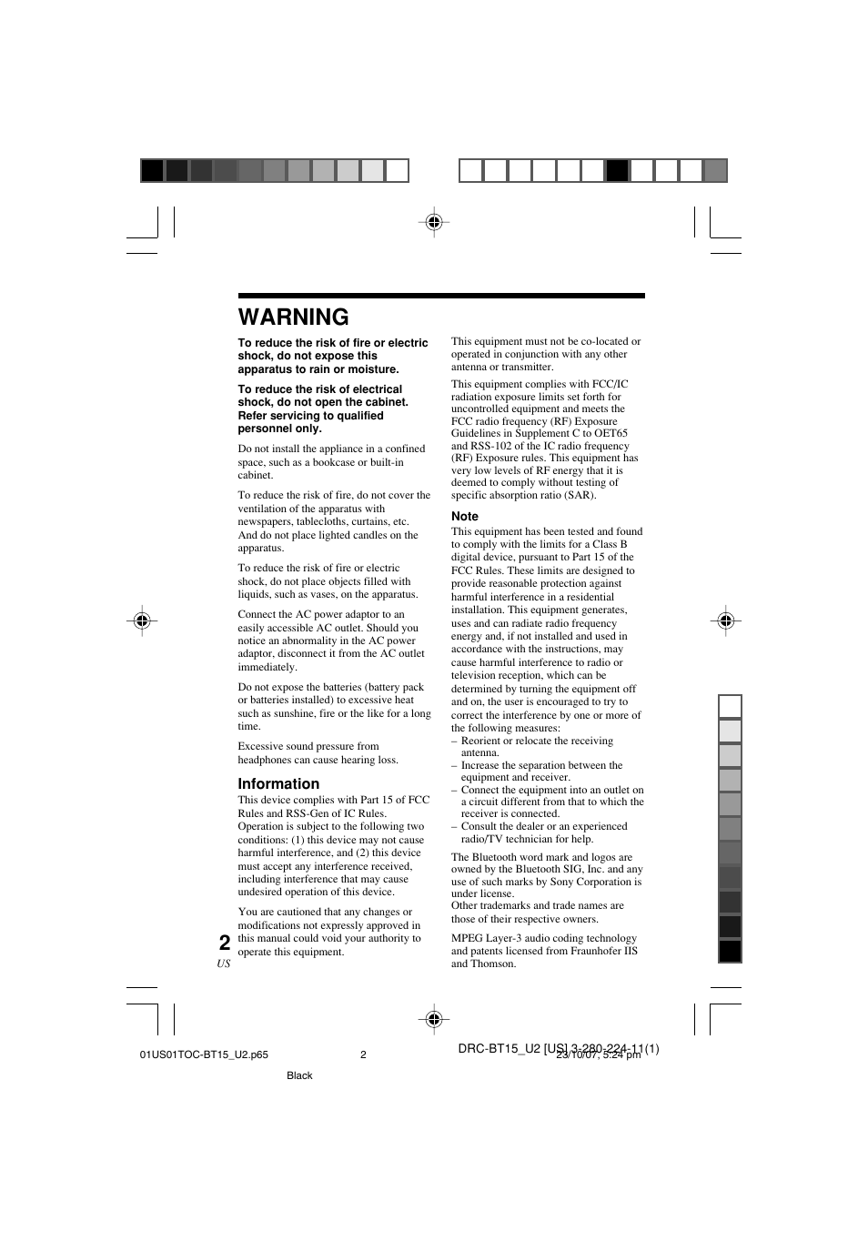 Warning | Sony DRC-BT15 User Manual | Page 2 / 56