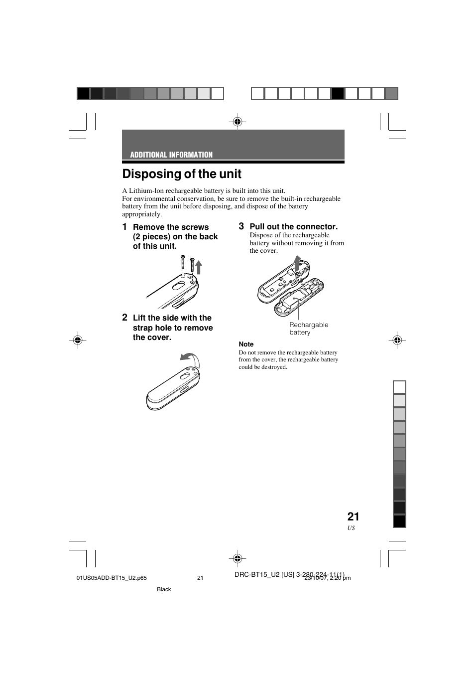 Disposing of the unit | Sony DRC-BT15 User Manual | Page 21 / 56