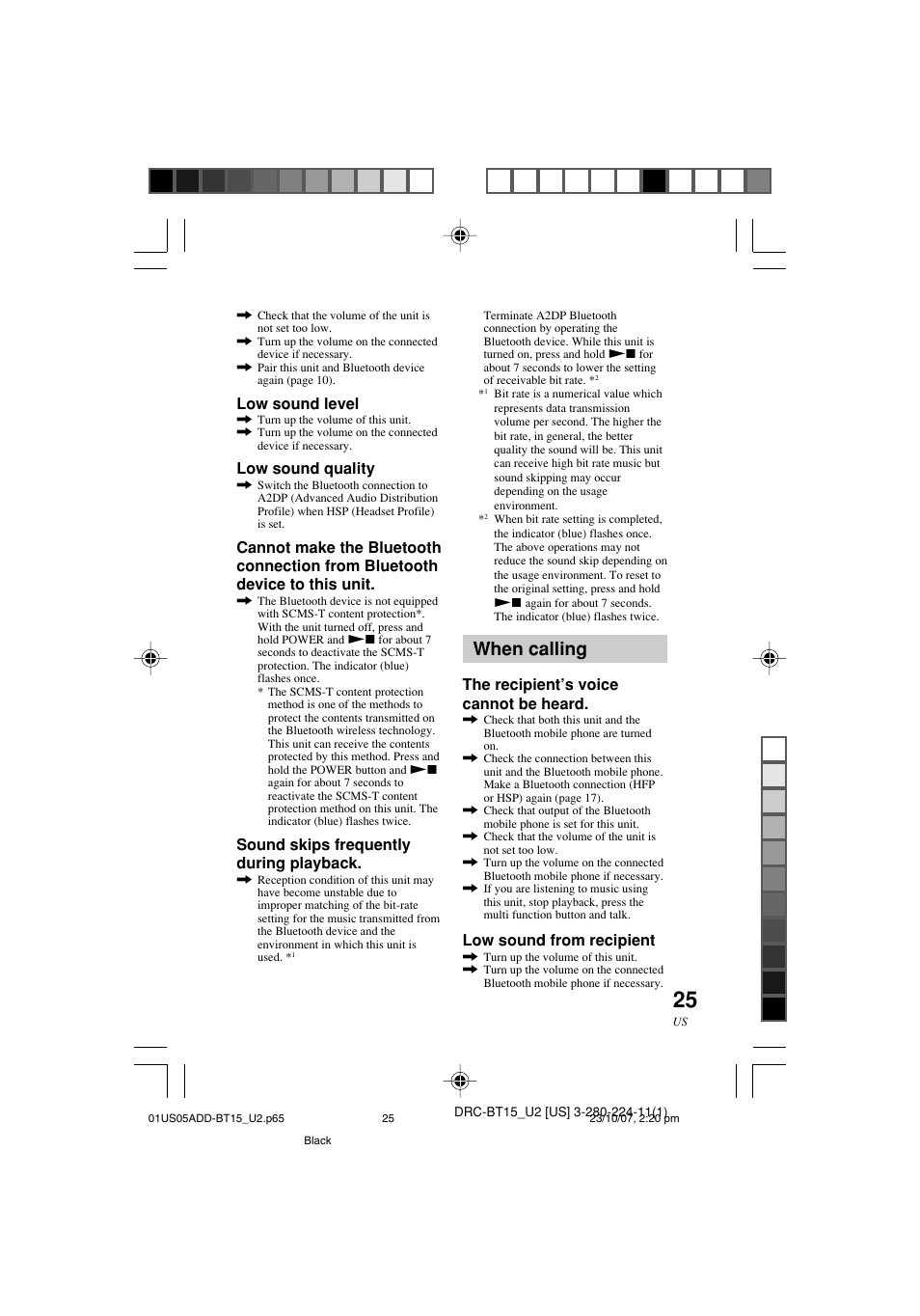 When calling, Low sound level, Low sound quality | Sound skips frequently during playback, The recipient’s voice cannot be heard, Low sound from recipient | Sony DRC-BT15 User Manual | Page 25 / 56