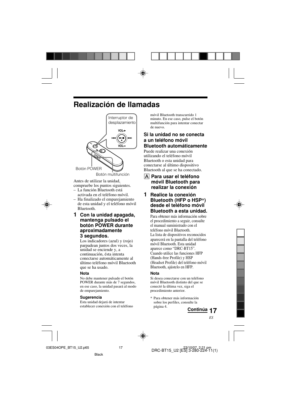 Realización de llamadas | Sony DRC-BT15 User Manual | Page 43 / 56