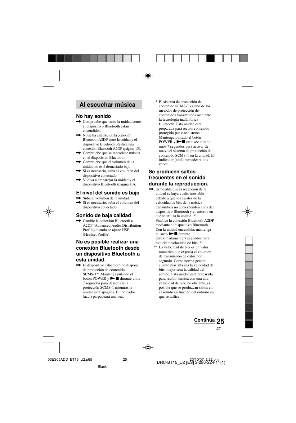 Al escuchar música, No hay sonido, El nivel del sonido es bajo | Sonido de baja calidad | Sony DRC-BT15 User Manual | Page 51 / 56