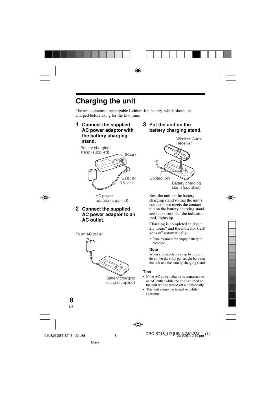 Charging the unit | Sony DRC-BT15 User Manual | Page 8 / 56