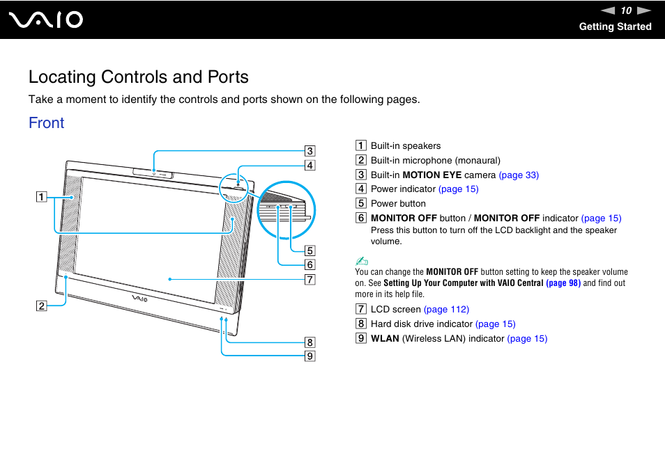 Locating controls and ports, Front | Sony VGC-LS1 User Manual | Page 10 / 168