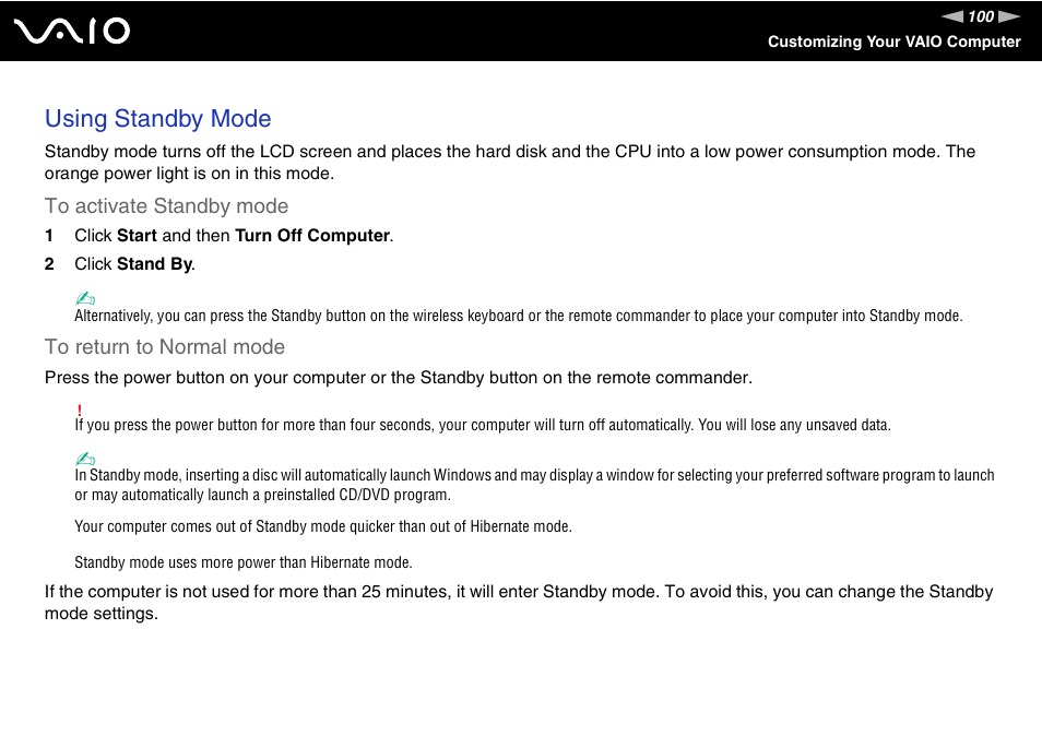 Using standby mode | Sony VGC-LS1 User Manual | Page 100 / 168