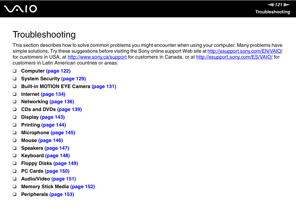 Troubleshooting | Sony VGC-LS1 User Manual | Page 121 / 168