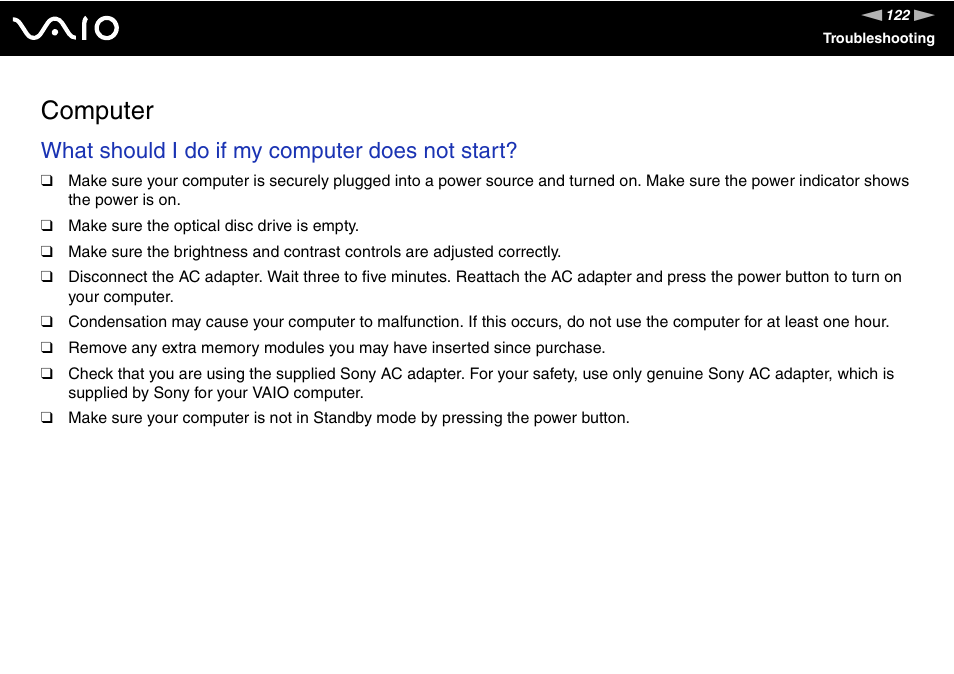 Computer, What should i do if my computer does not start | Sony VGC-LS1 User Manual | Page 122 / 168