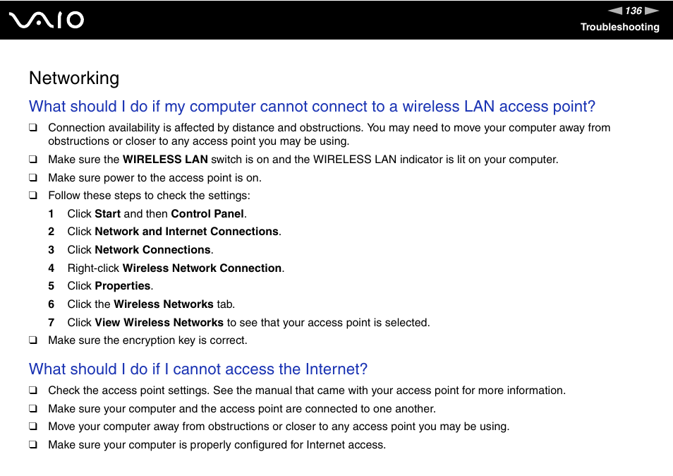 Networking, What should i do if i cannot access the internet | Sony VGC-LS1 User Manual | Page 136 / 168