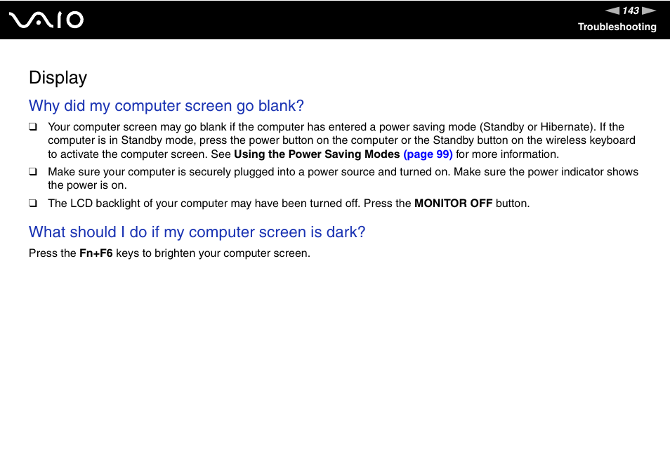 Display, Why did my computer screen go blank, What should i do if my computer screen is dark | Sony VGC-LS1 User Manual | Page 143 / 168