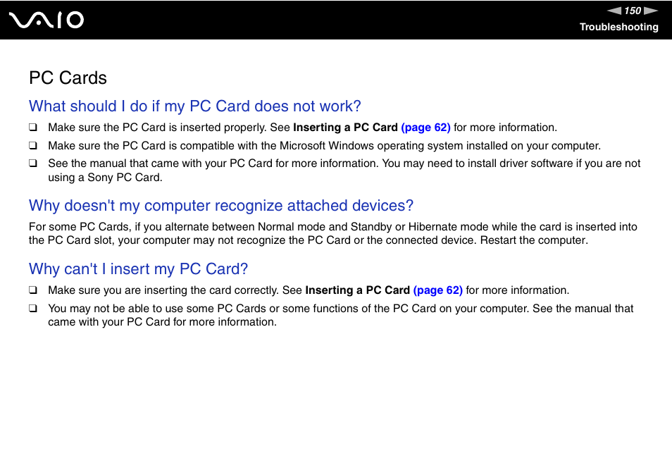 Pc cards, What should i do if my pc card does not work, Why doesn't my computer recognize attached devices | Why can't i insert my pc card | Sony VGC-LS1 User Manual | Page 150 / 168