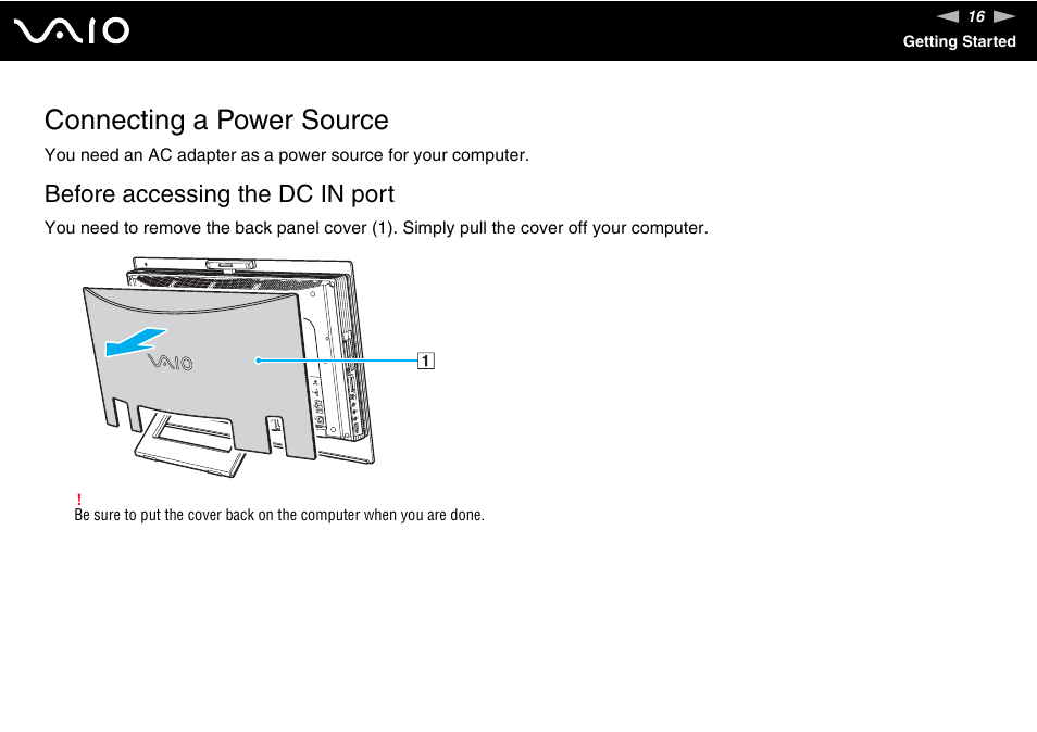 Connecting a power source, Before accessing the dc in port | Sony VGC-LS1 User Manual | Page 16 / 168