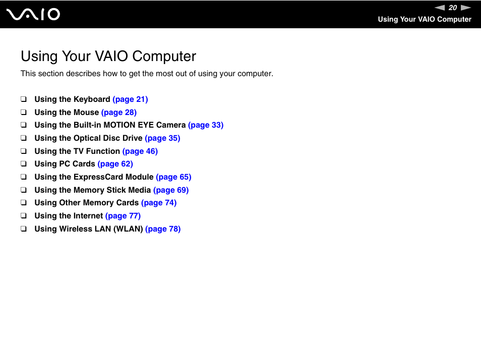 Using your vaio computer | Sony VGC-LS1 User Manual | Page 20 / 168