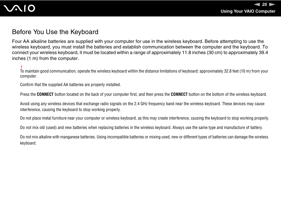 Before you use the keyboard | Sony VGC-LS1 User Manual | Page 25 / 168