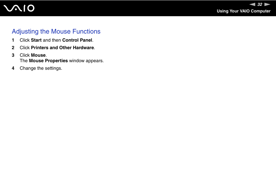 Adjusting the mouse functions | Sony VGC-LS1 User Manual | Page 32 / 168