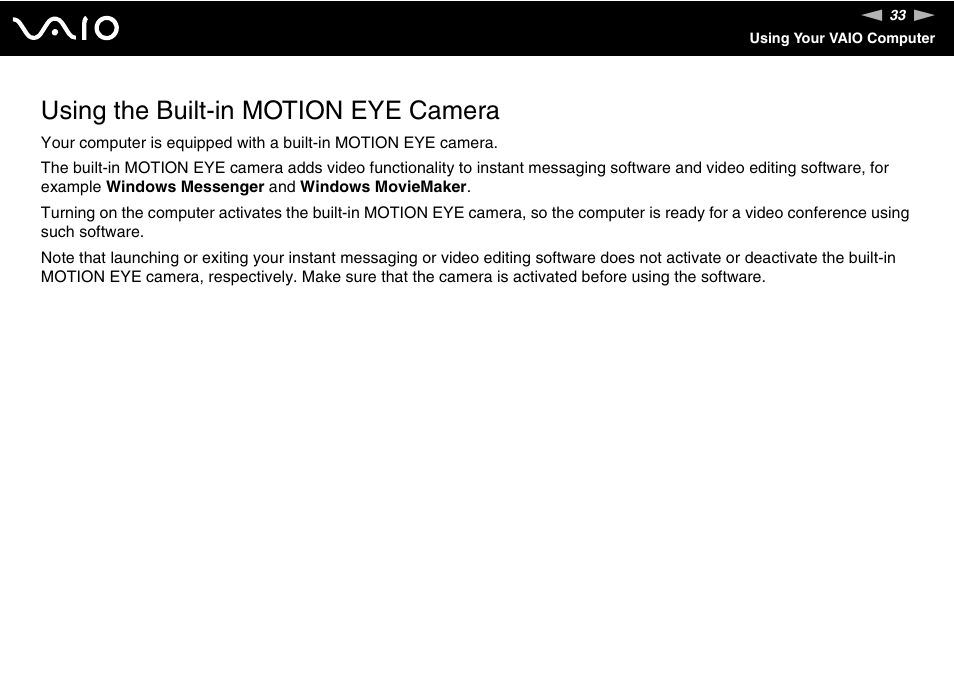 Using the built-in motion eye camera | Sony VGC-LS1 User Manual | Page 33 / 168