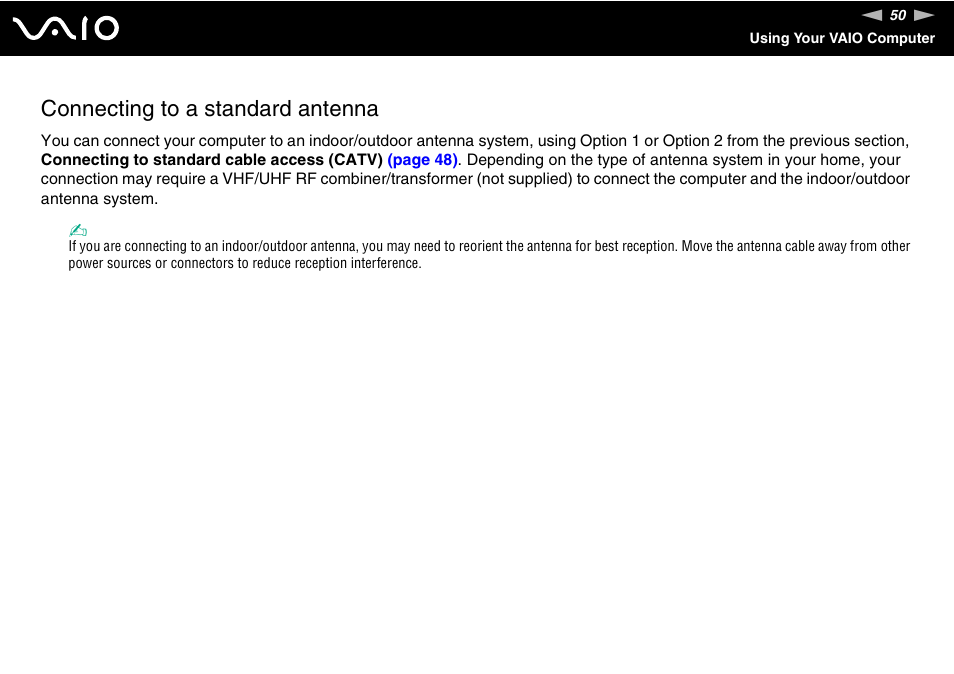 Connecting to a standard antenna | Sony VGC-LS1 User Manual | Page 50 / 168
