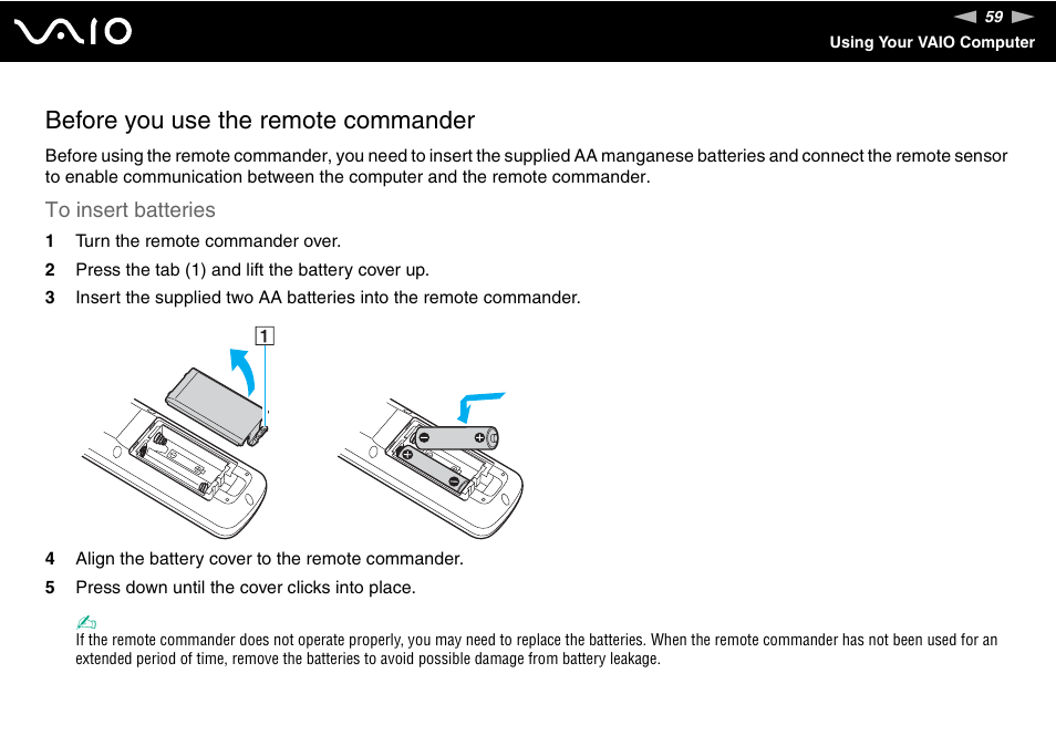 Before you use the remote commander | Sony VGC-LS1 User Manual | Page 59 / 168