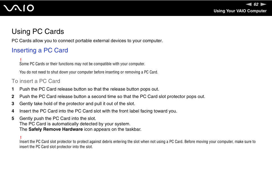 Using pc cards, Inserting a pc card | Sony VGC-LS1 User Manual | Page 62 / 168