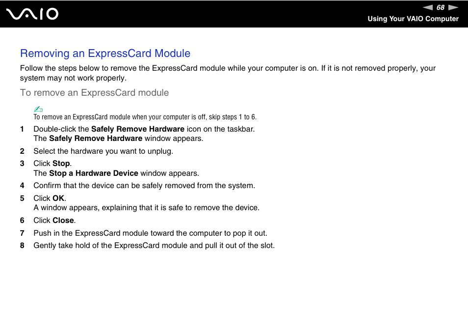 Removing an expresscard module | Sony VGC-LS1 User Manual | Page 68 / 168