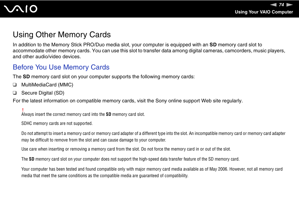 Using other memory cards | Sony VGC-LS1 User Manual | Page 74 / 168