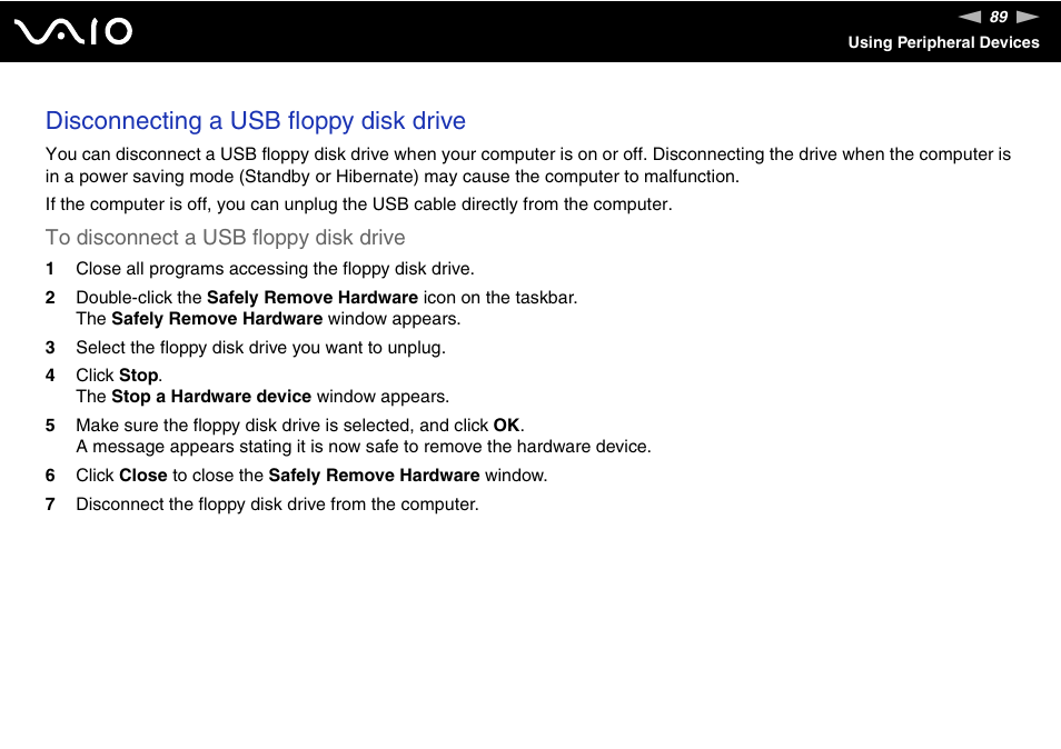 Disconnecting a usb floppy disk drive | Sony VGC-LS1 User Manual | Page 89 / 168