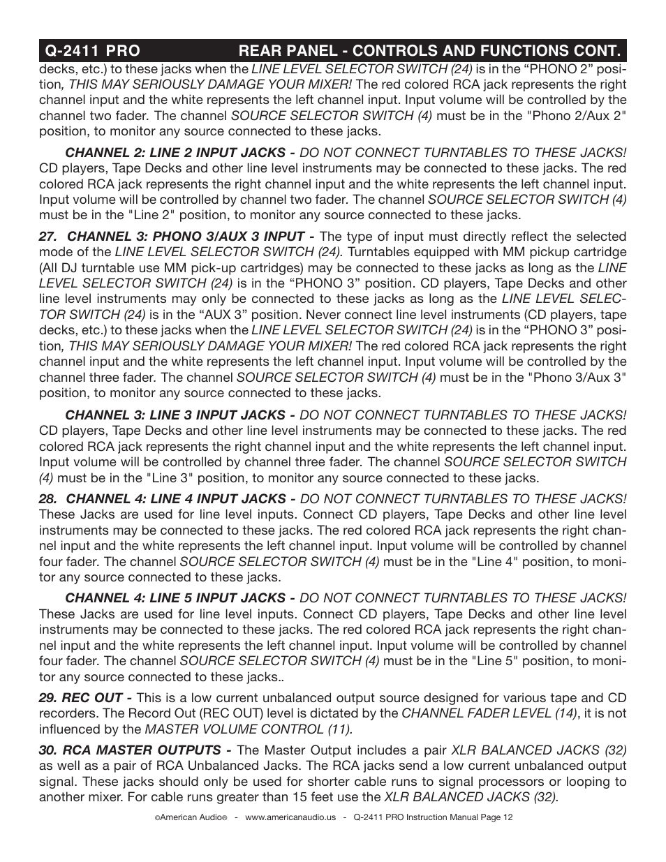 American Audio Professional Preamp Mixer Q-2411 Pro User Manual | Page 12 / 20