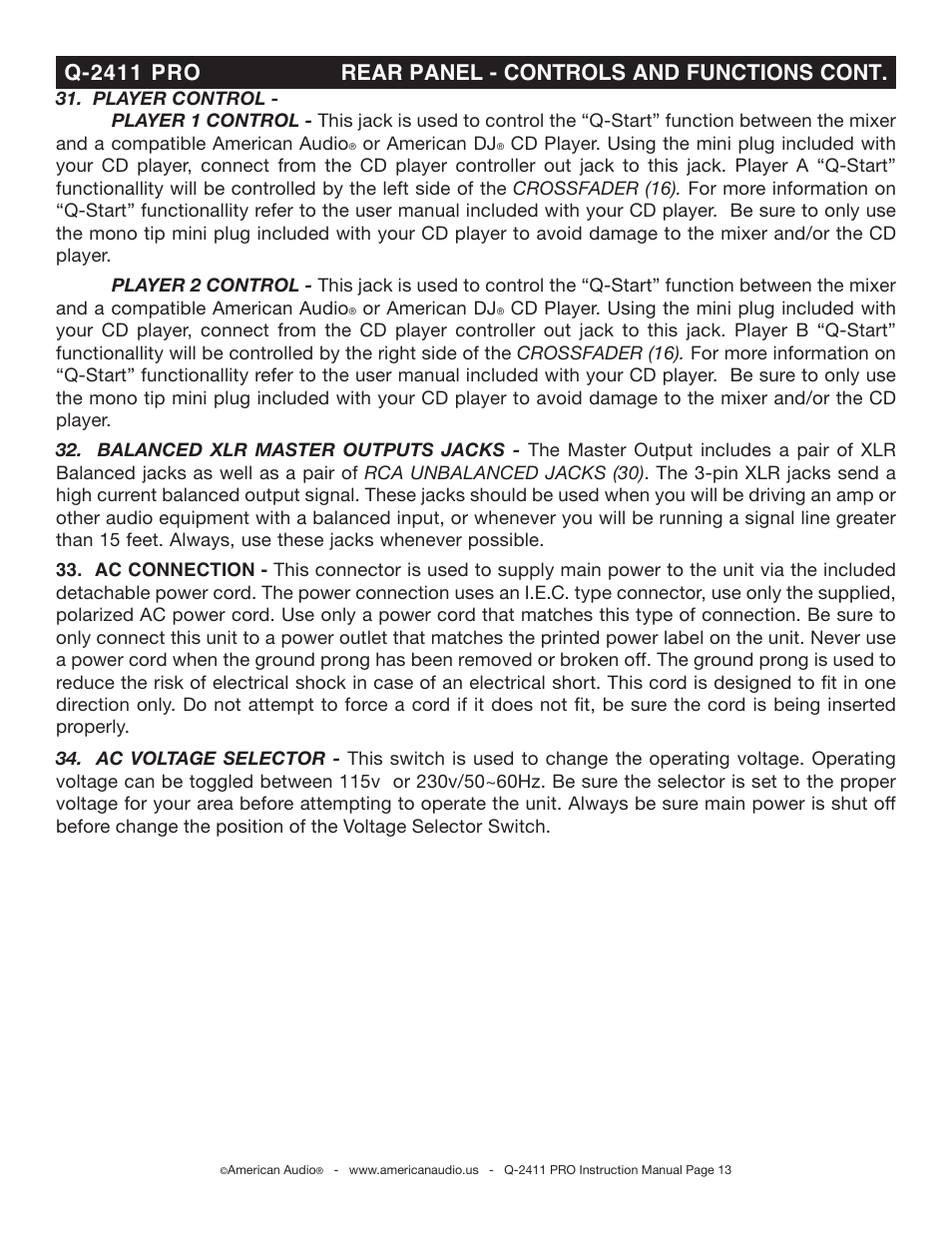 American Audio Professional Preamp Mixer Q-2411 Pro User Manual | Page 13 / 20