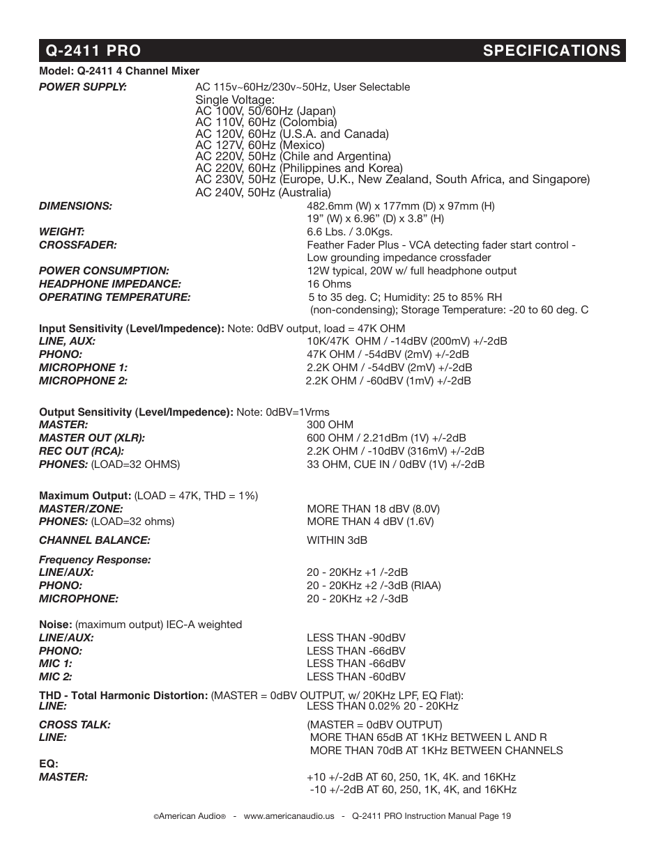 Q-2411 pro specifications | American Audio Professional Preamp Mixer Q-2411 Pro User Manual | Page 19 / 20