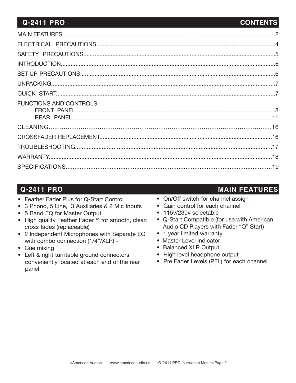 American Audio Professional Preamp Mixer Q-2411 Pro User Manual | Page 2 / 20